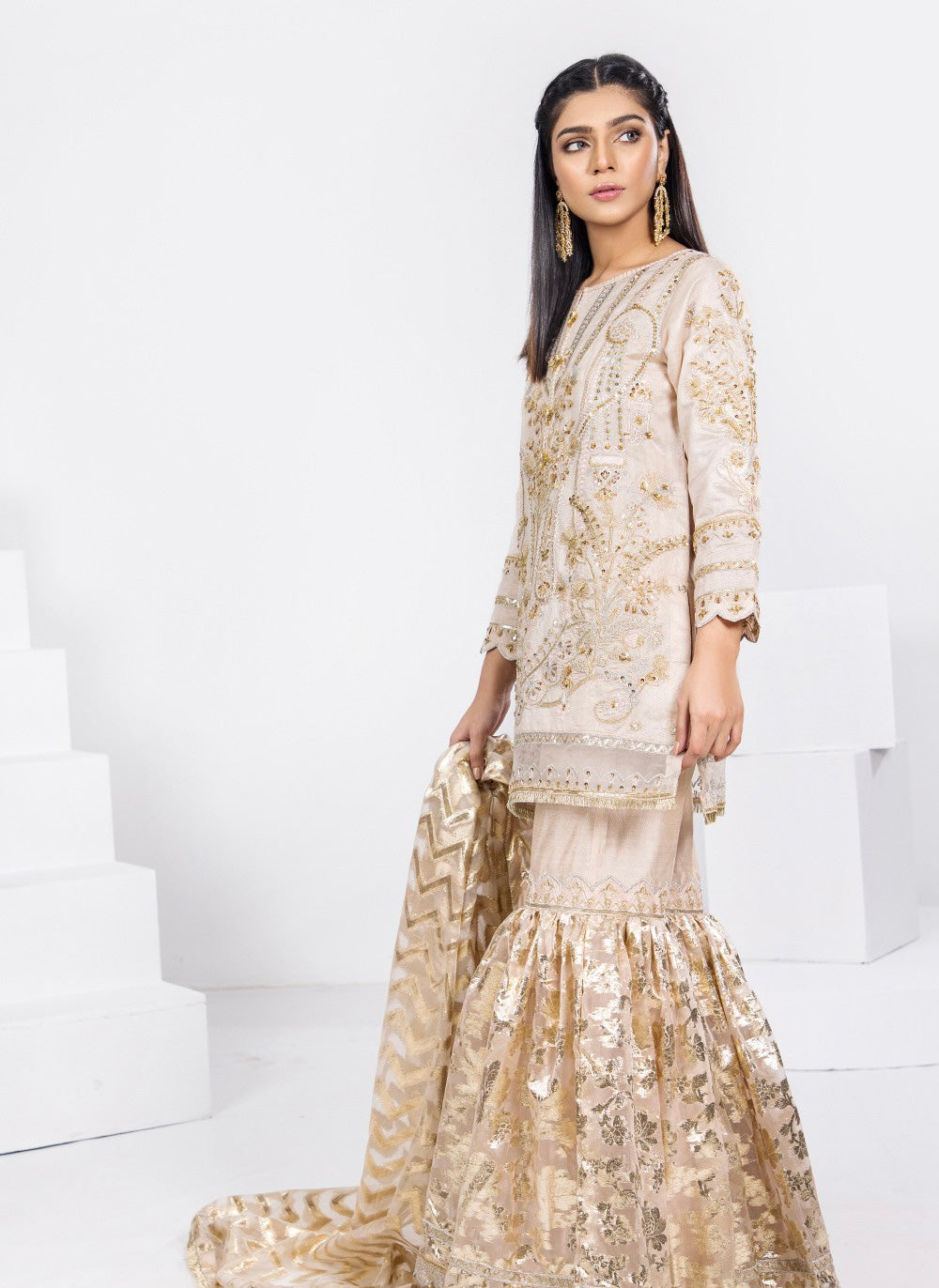 Shaposh Beige Gharara - Formal Wear - 3 Pc - ELSP008